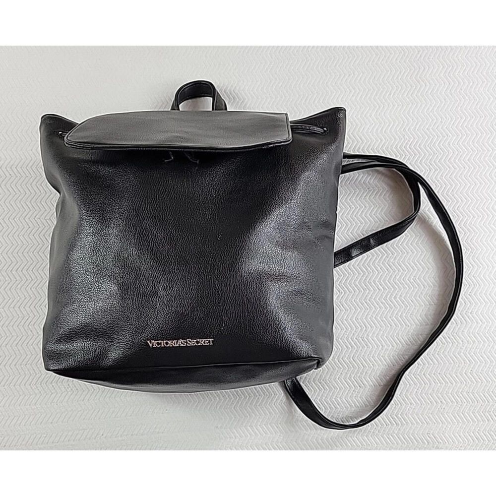 Victoria's Secret Backpack Bag Purse Black Faux Leather Drawstring Logo